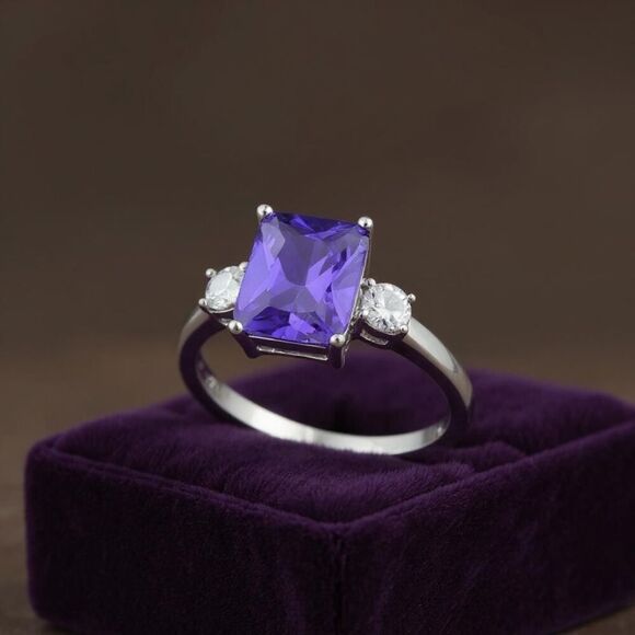 Sterling Silver Rectangular Purple Amethyst Triple CZ Ring New - Picture 1 of 6